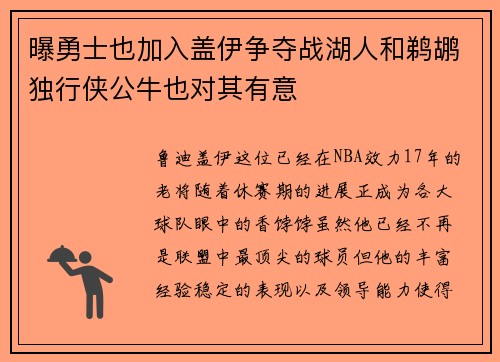 曝勇士也加入盖伊争夺战湖人和鹈鹕独行侠公牛也对其有意